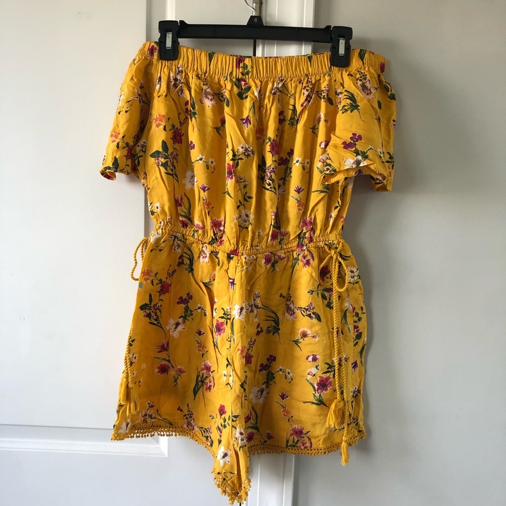 Yellow Off Shoulder Bershka Floral Romper, M